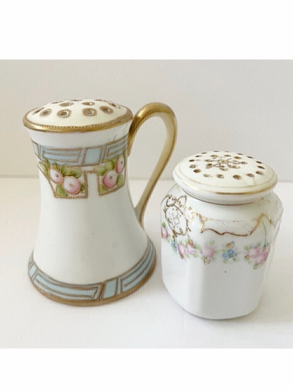 Nippon Porcelain Sugar Shaker Salt Pepper Romantic Pink Blue Hand Paint Lot 2x